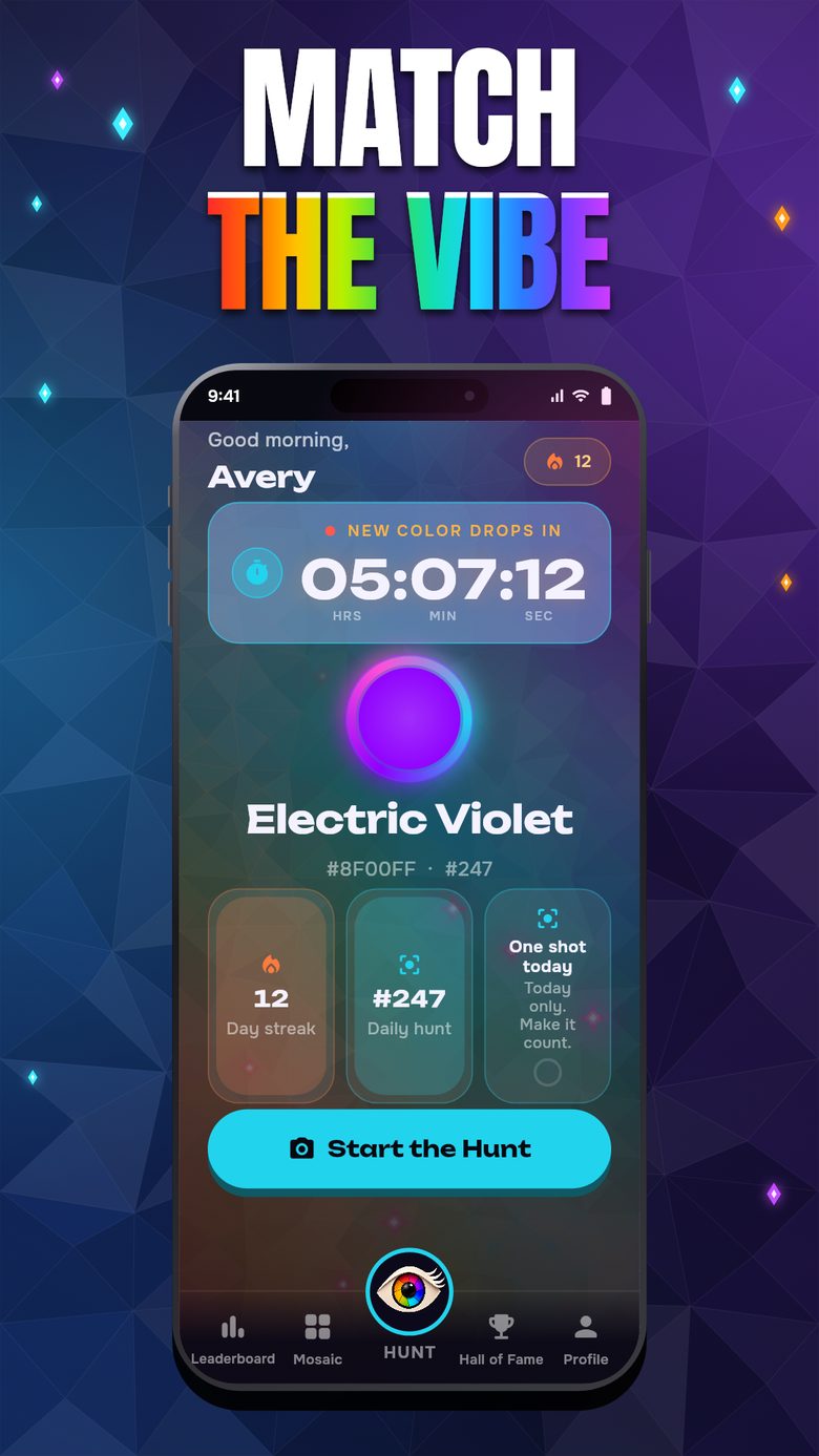 Sample VibrantEye home screen showing today's color, Electric Violet