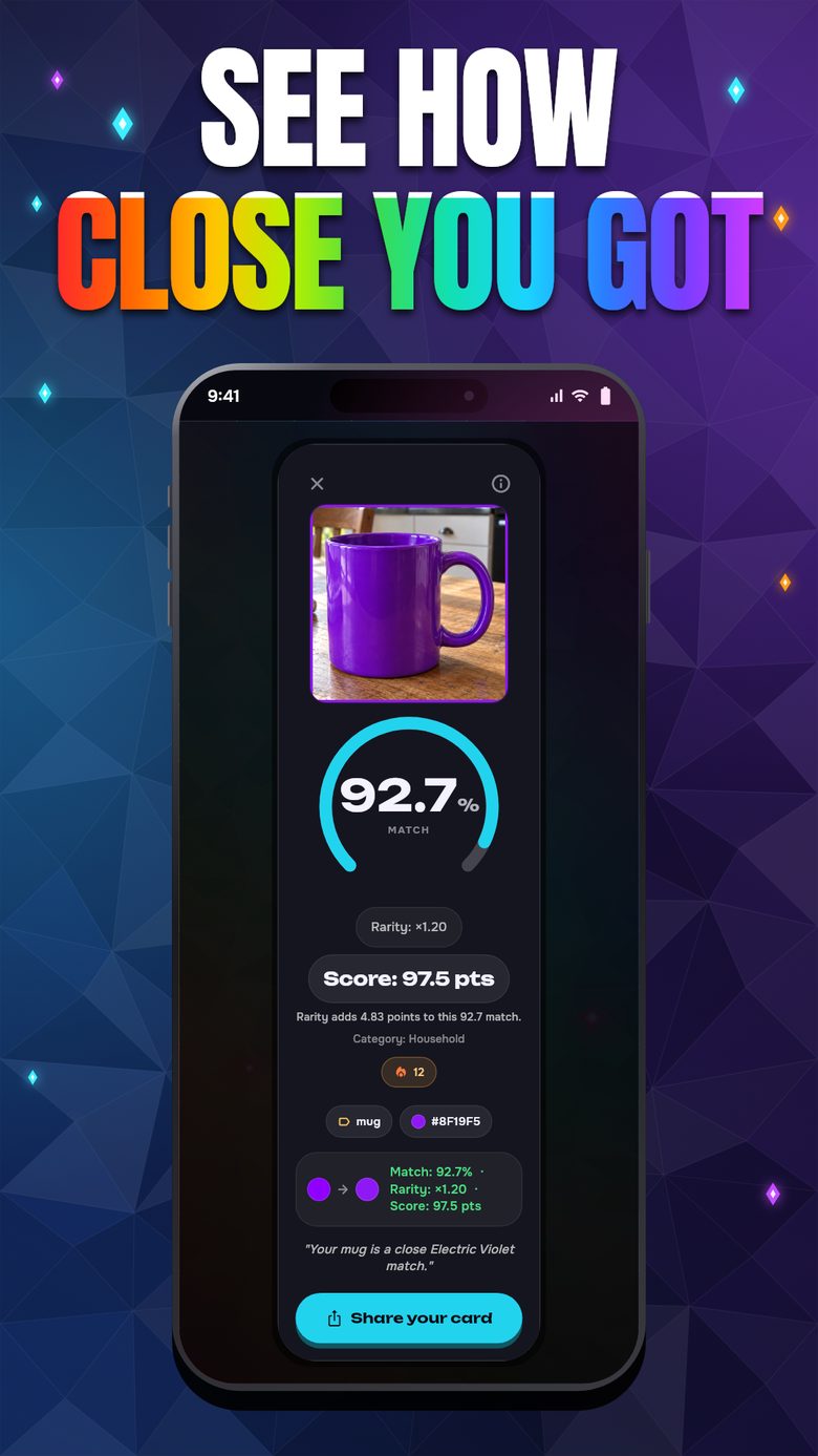 Sample VibrantEye result screen showing a purple mug scored against Electric Violet